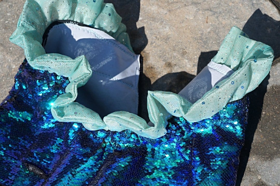 Optional fringe belt shown on the Aqua-Glitter sequin mermaid tail
